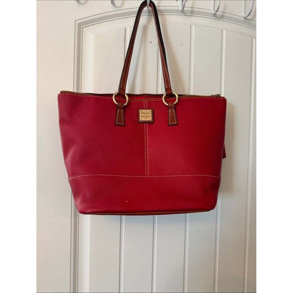 Dooney & Bourke Red Pebbled Leather Tote with Brown Handles